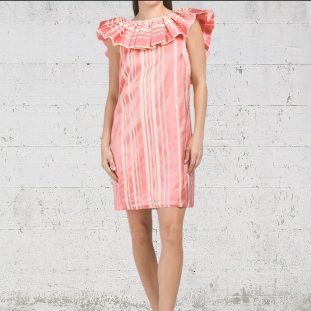 Trina Turk Coral Happy Elegant Coral Striped Ruffle Off-Shoulder Dress - Picture 2 of 11